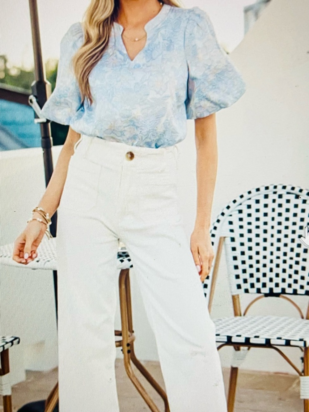 VOY Pastel Blue Floral Puff-Sleeve Blouse - Picture 9 of 11